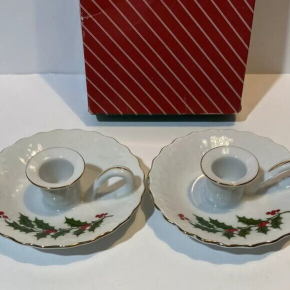 Vintage Macys Christmas Holly Berry Candle Holders Made in Japan 1984 Gift Box - Picture 7 of 7